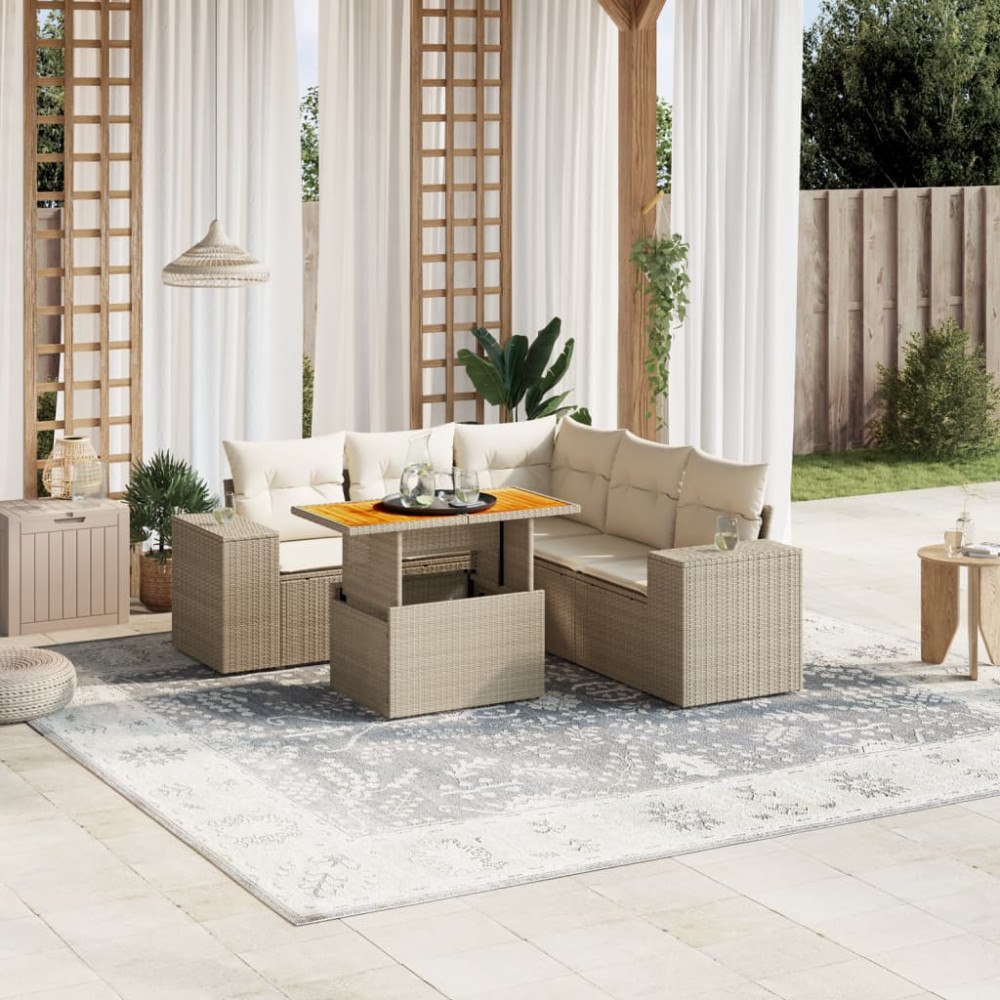 vidaXL Soffgrupp för trädgården med dynor 6 delar beige konstrotting