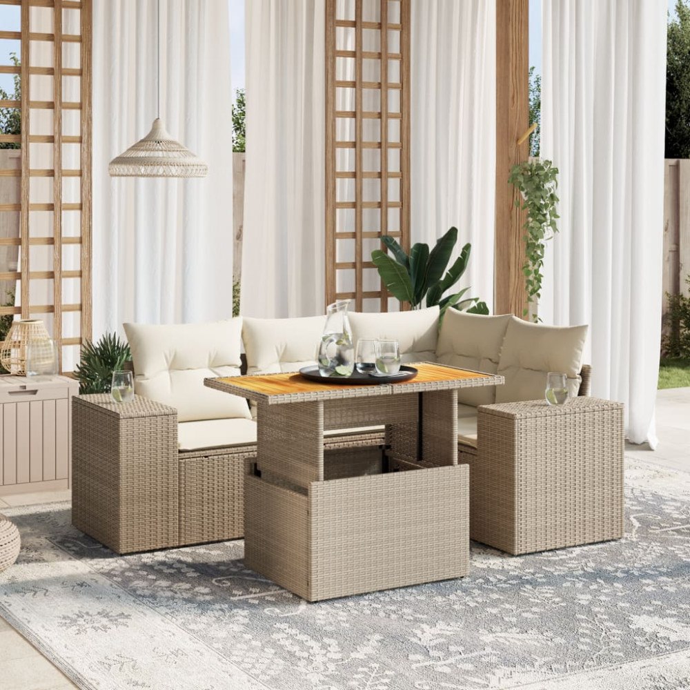 vidaXL Soffgrupp för trädgården med dynor 5 delar beige konstrotting