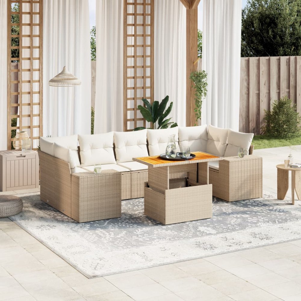 vidaXL Matgrupp för trädgården med dynor 8 delar beige konstrotting