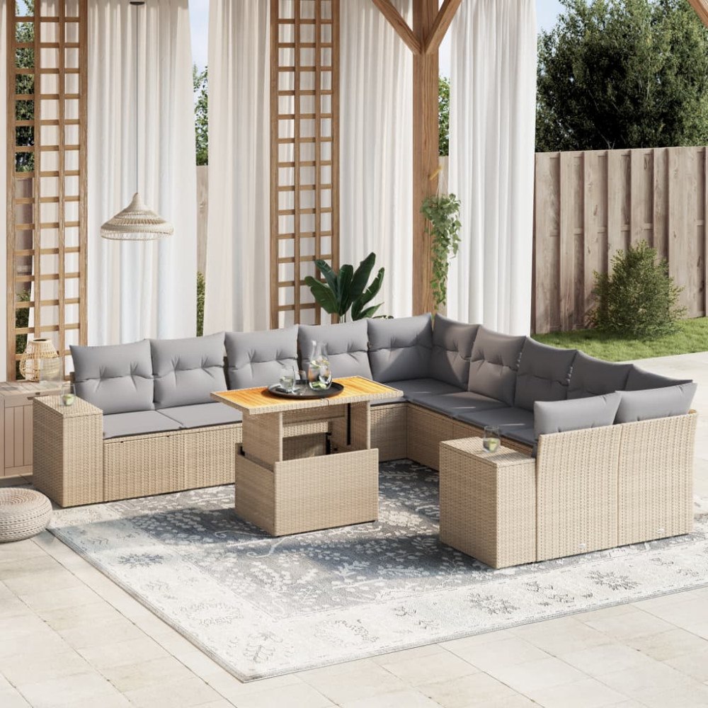 vidaXL Loungegrupp för trädgården m. dynor 11 delar beige konstrotting