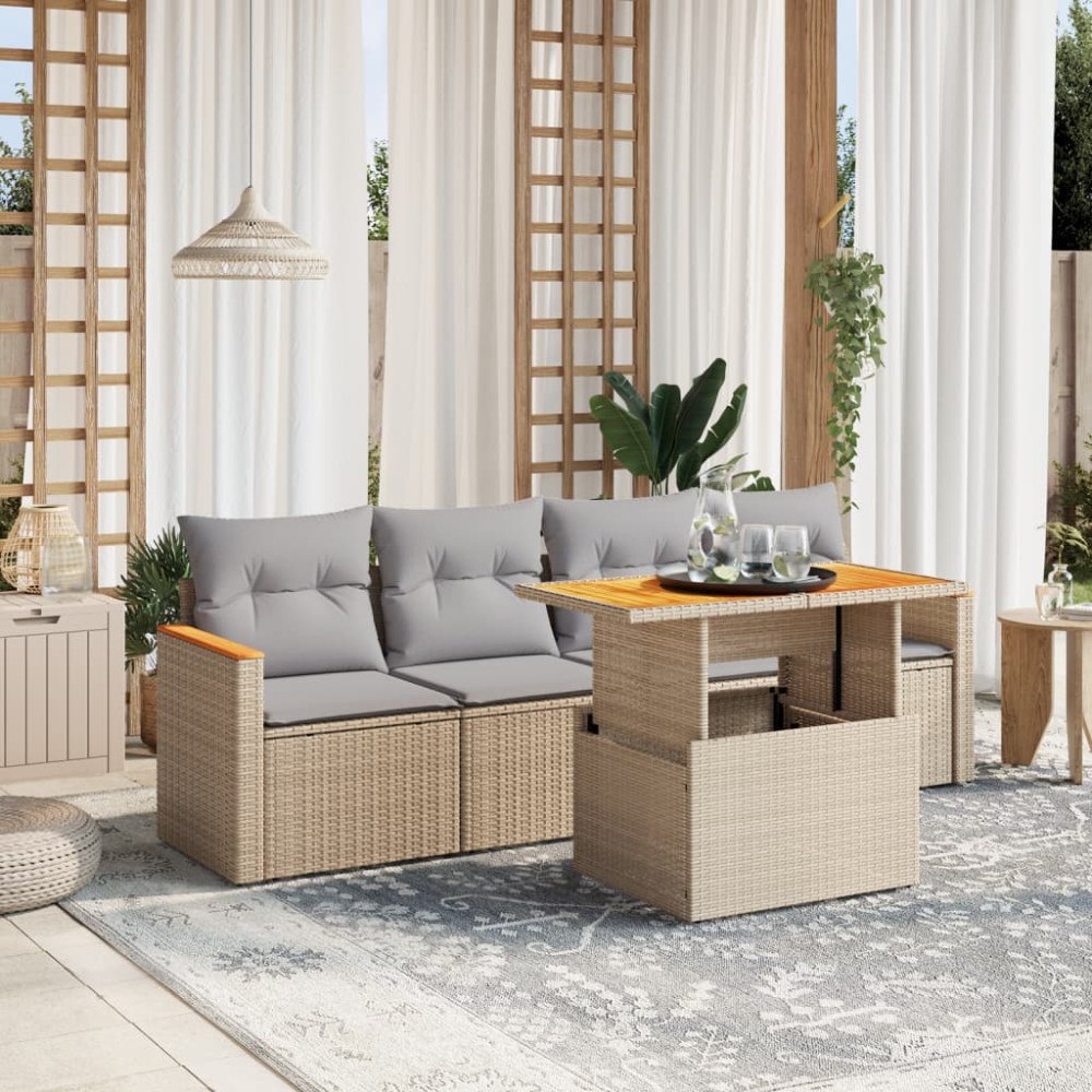 vidaXL Soffgrupp för trädgården med dynor 5 delar beige konstrotting