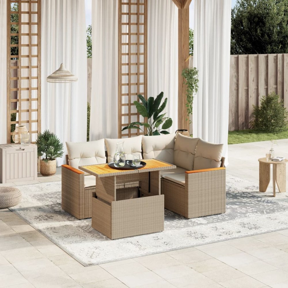 vidaXL Soffgrupp för trädgården med dynor 5 delar beige konstrotting