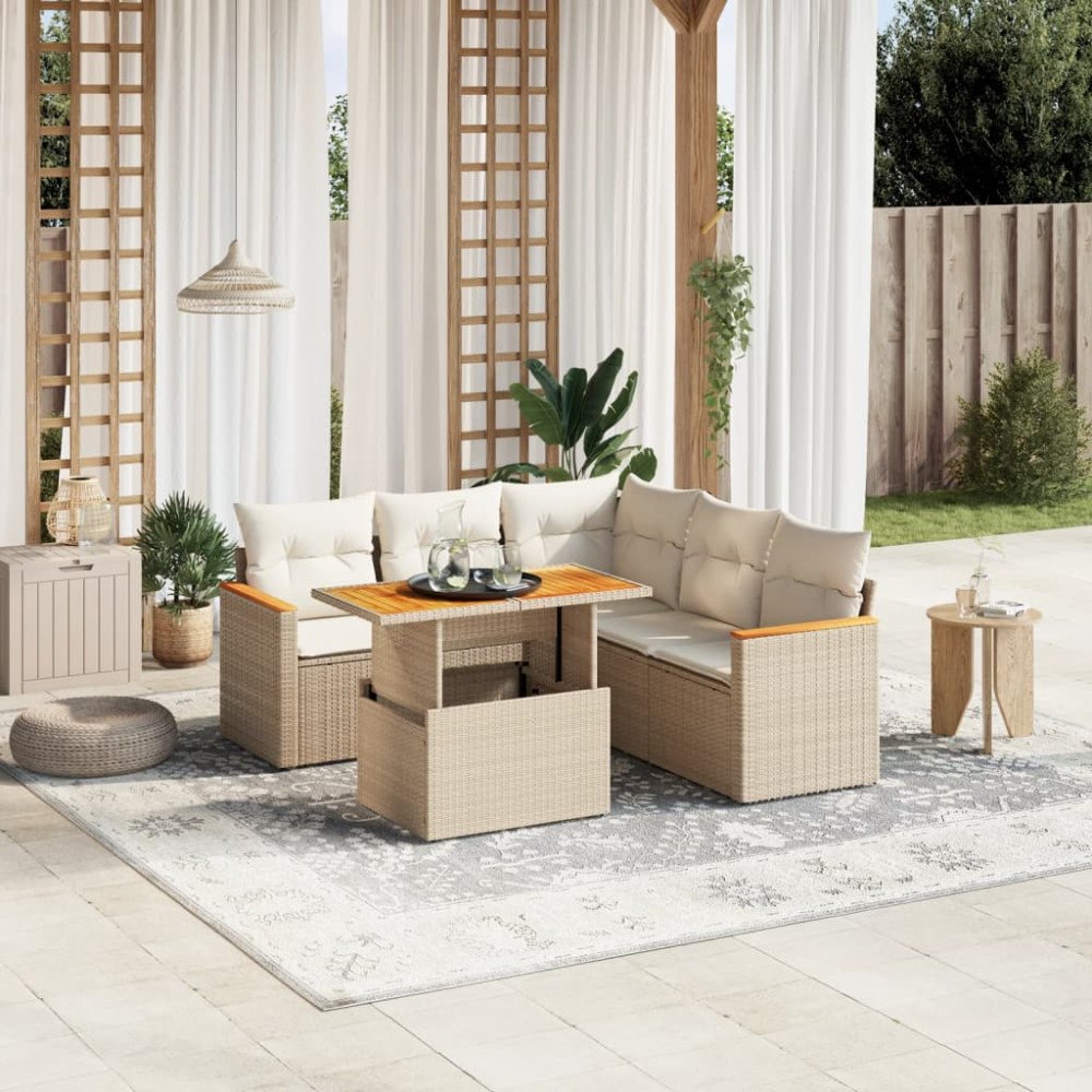 vidaXL Soffgrupp för trädgården med dynor 6 delar beige konstrotting