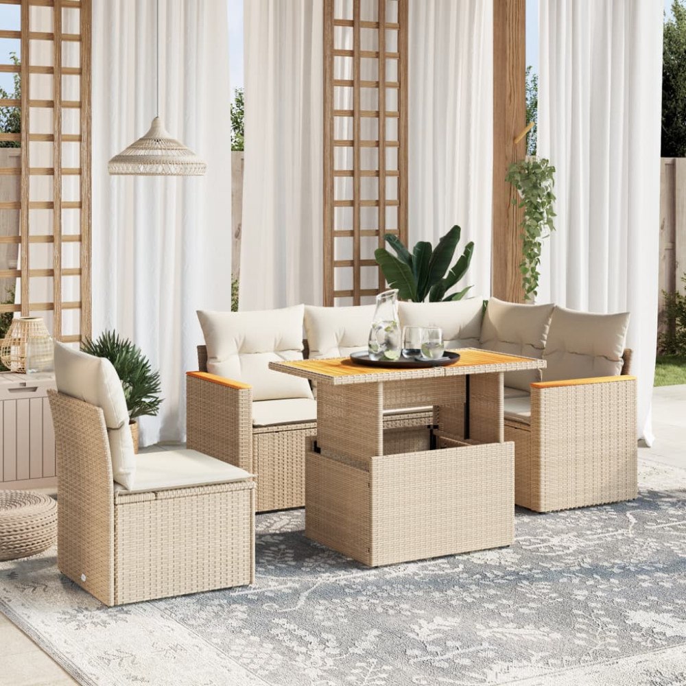 vidaXL Soffgrupp för trädgården med dynor 6 delar beige konstrotting