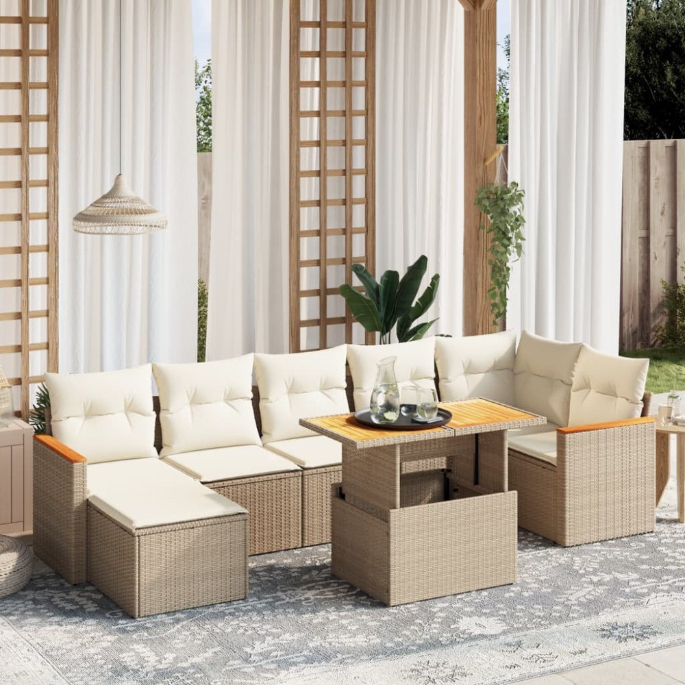 vidaXL Matgrupp för trädgården med dynor 8 delar beige konstrotting