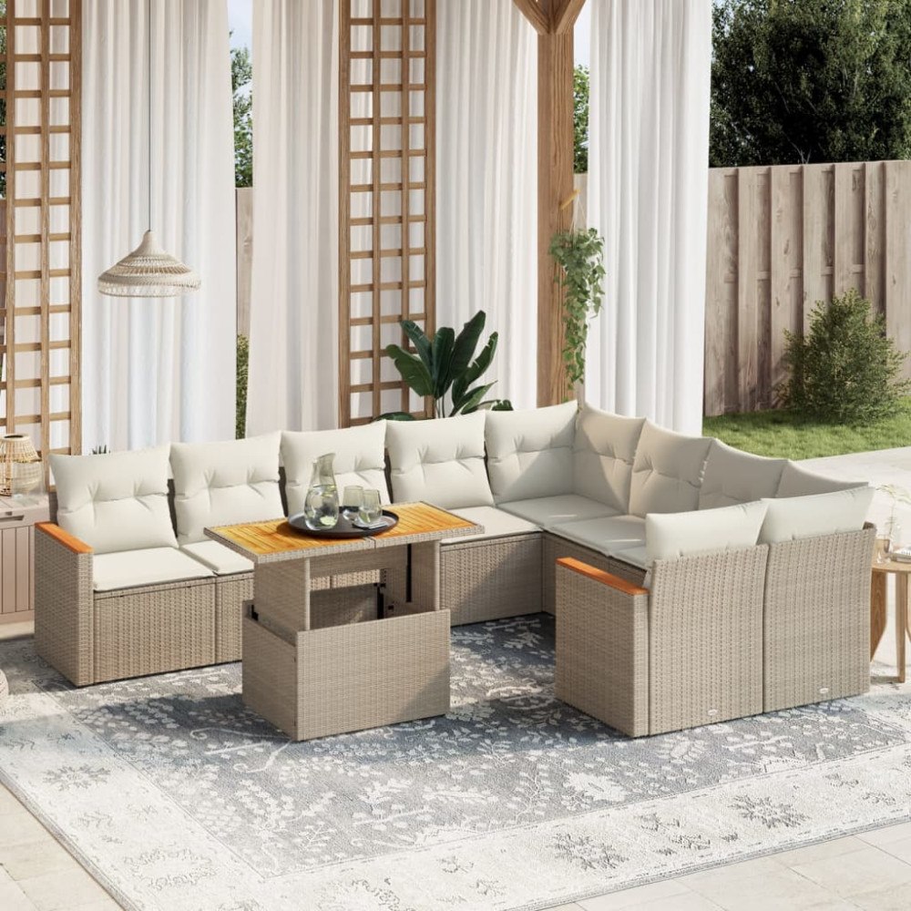 vidaXL Soffgrupp för trädgård med dynor 10 delar beige konstrotting