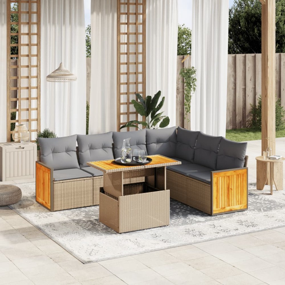 vidaXL Matgrupp för trädgården med dynor 7 delar beige konstrotting