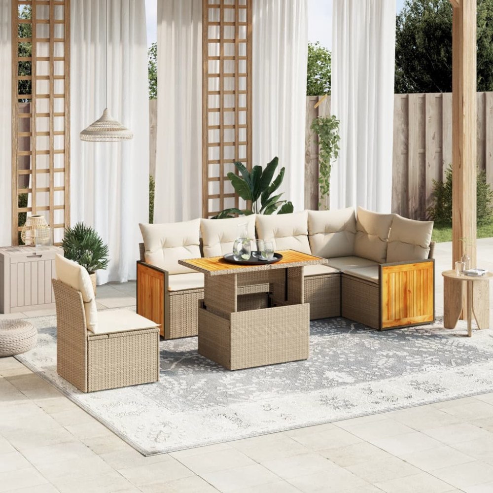 vidaXL Matgrupp för trädgården med dynor 7 delar beige konstrotting