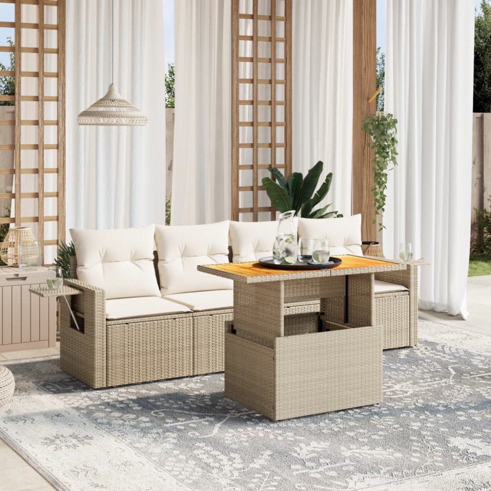 vidaXL Soffgrupp för trädgården med dynor 5 delar beige konstrotting