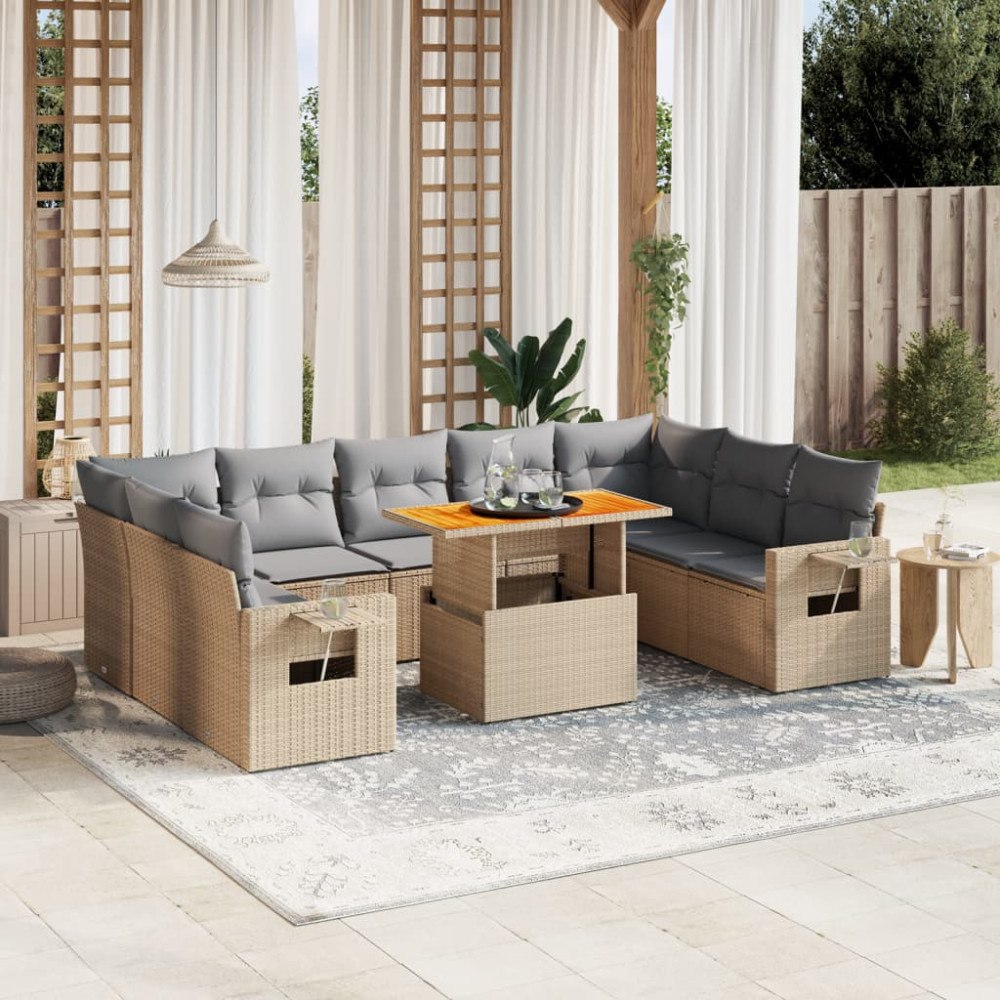 vidaXL Soffgrupp för trädgård med dynor 10 delar beige konstrotting