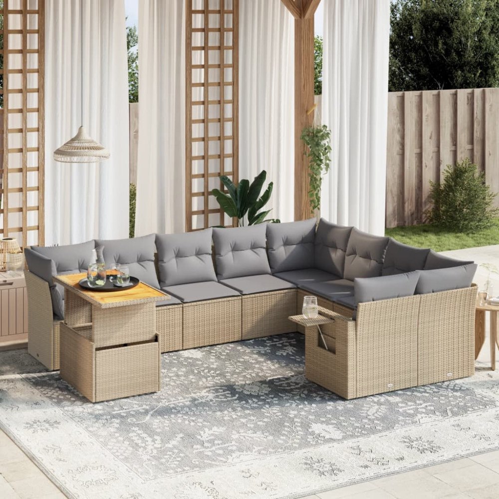 vidaXL Soffgrupp för trädgård med dynor 10 delar beige konstrotting