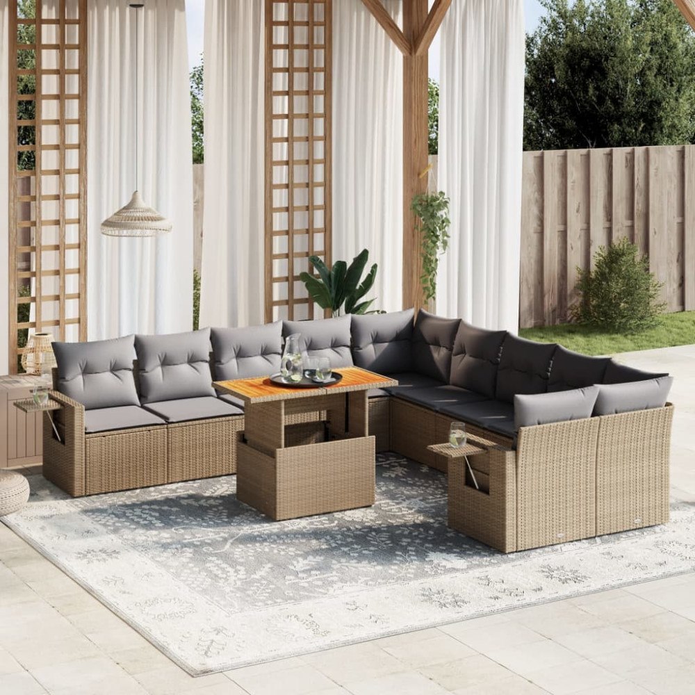 vidaXL Loungegrupp för trädgården m. dynor 11 delar beige konstrotting
