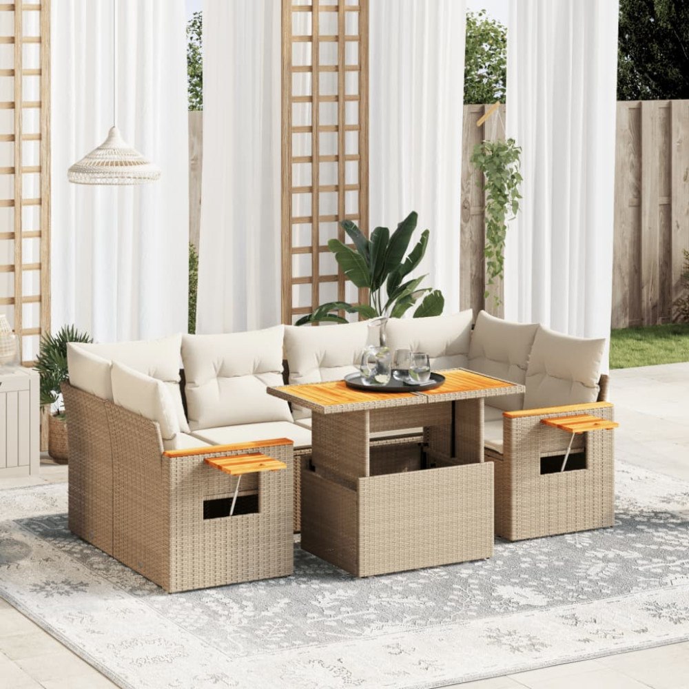 vidaXL Matgrupp för trädgården med dynor 7 delar beige konstrotting