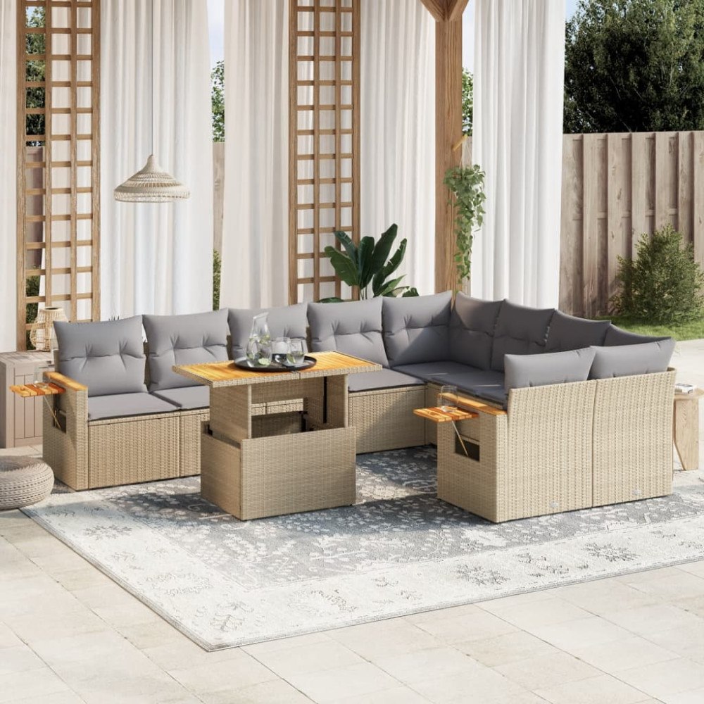 vidaXL Soffgrupp för trädgård med dynor 10 delar beige konstrotting