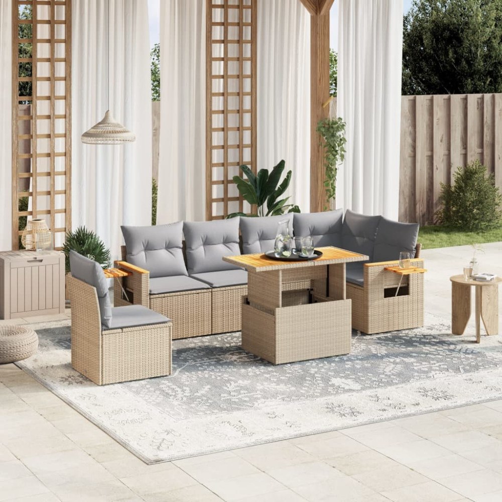 vidaXL Matgrupp för trädgården med dynor 7 delar beige konstrotting