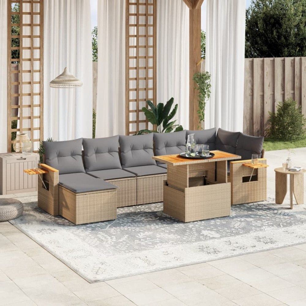vidaXL Matgrupp för trädgården med dynor 8 delar beige konstrotting