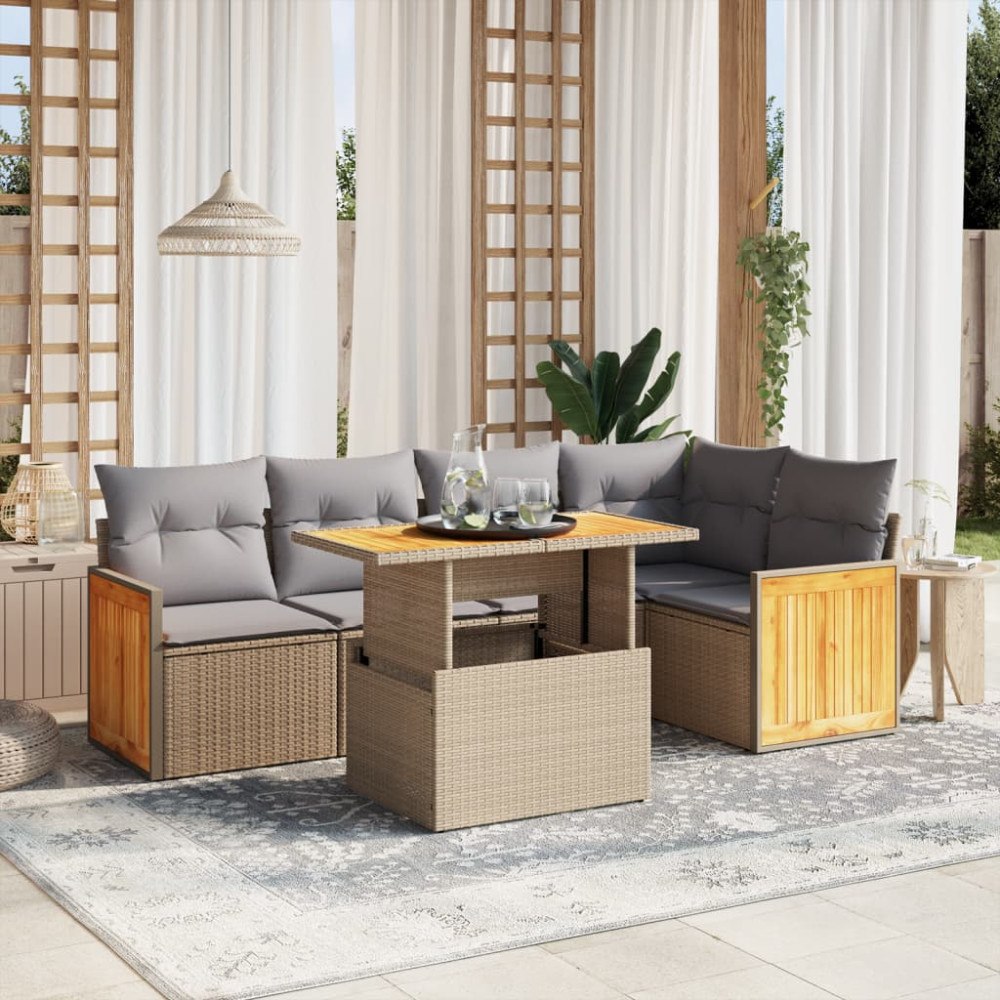 vidaXL Soffgrupp för trädgården med dynor 6 delar beige konstrotting