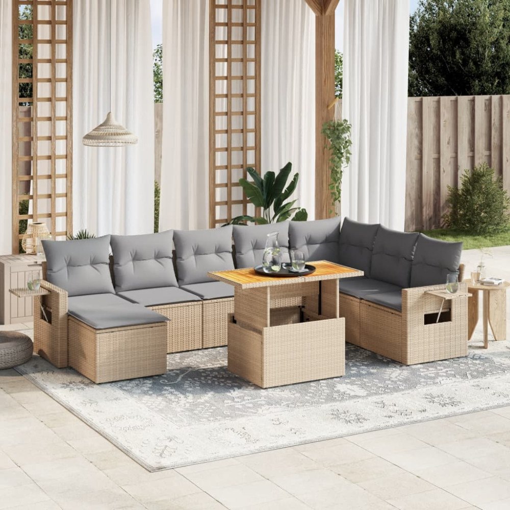 vidaXL Soffgrupp för trädgården med dynor 9 delar beige konstrotting