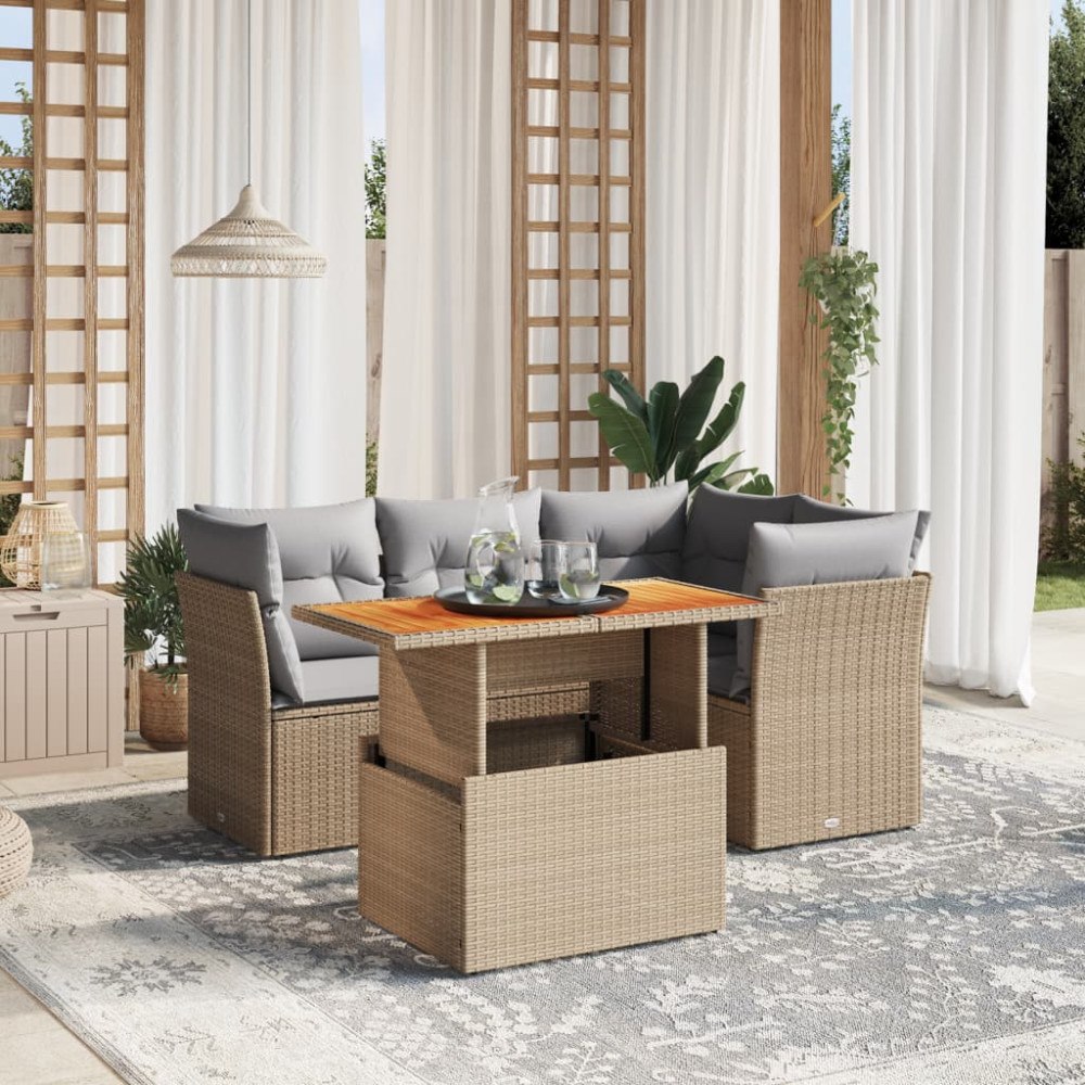 vidaXL Soffgrupp för trädgården med dynor 5 delar beige konstrotting