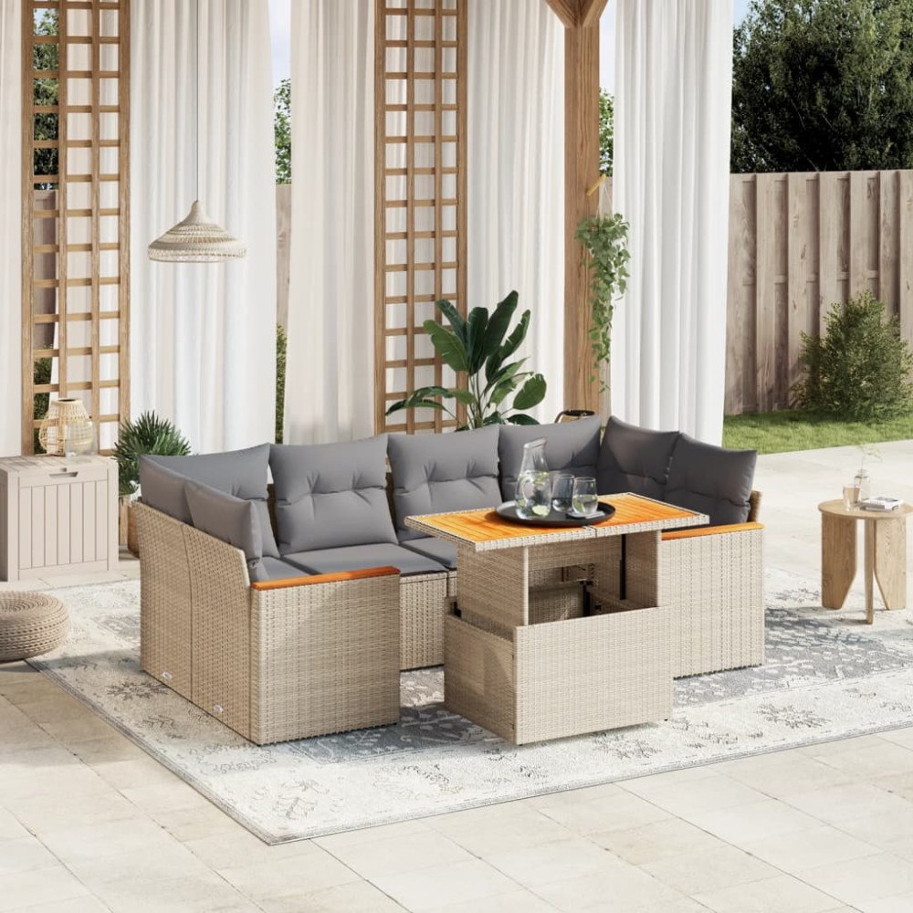 vidaXL Matgrupp för trädgården med dynor 7 delar beige konstrotting