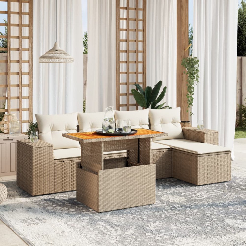 vidaXL Soffgrupp för trädgården med dynor 6 delar beige konstrotting