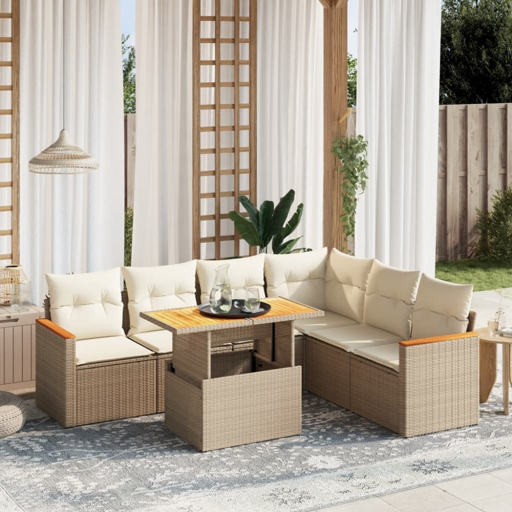 vidaXL Matgrupp för trädgården med dynor 7 delar beige konstrotting