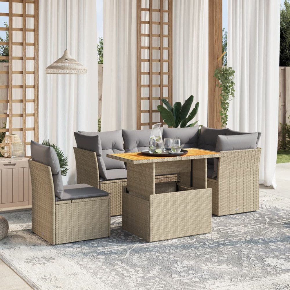 vidaXL Soffgrupp för trädgården med dynor 5 delar beige konstrotting