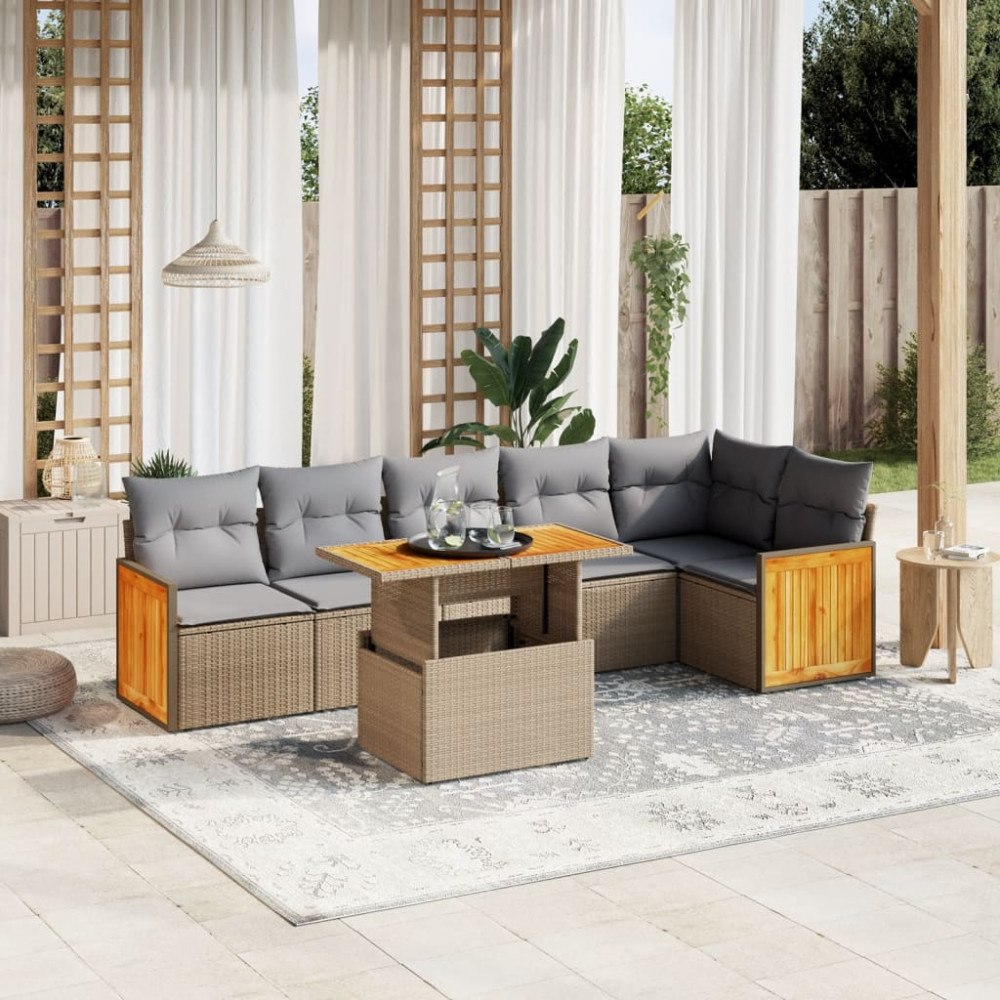 vidaXL Matgrupp för trädgården med dynor 7 delar beige konstrotting