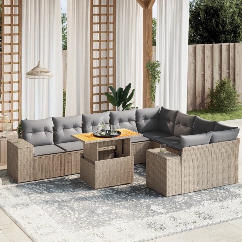 vidaXL Soffgrupp för trädgård med dynor 10 delar beige konstrotting