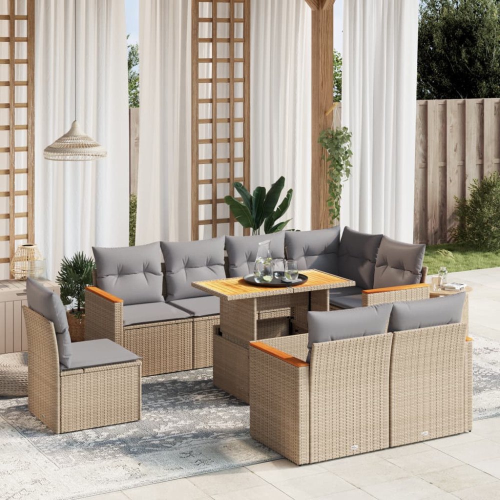 vidaXL Soffgrupp för trädgården med dynor 9 delar beige konstrotting