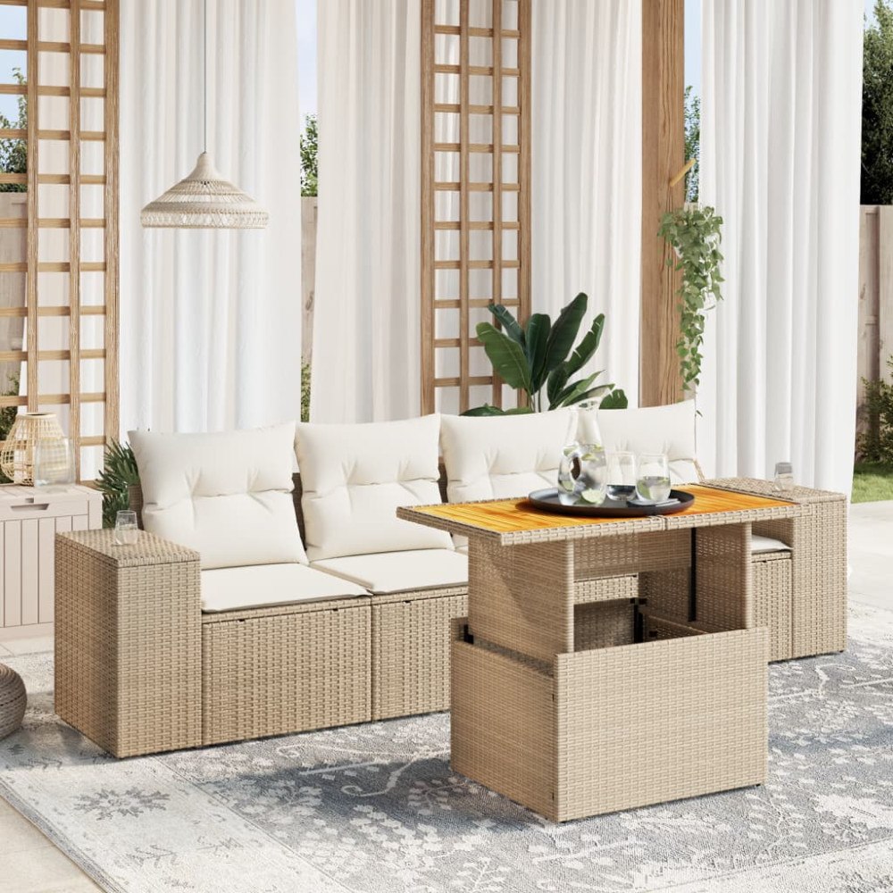 vidaXL Soffgrupp för trädgården med dynor 5 delar beige konstrotting
