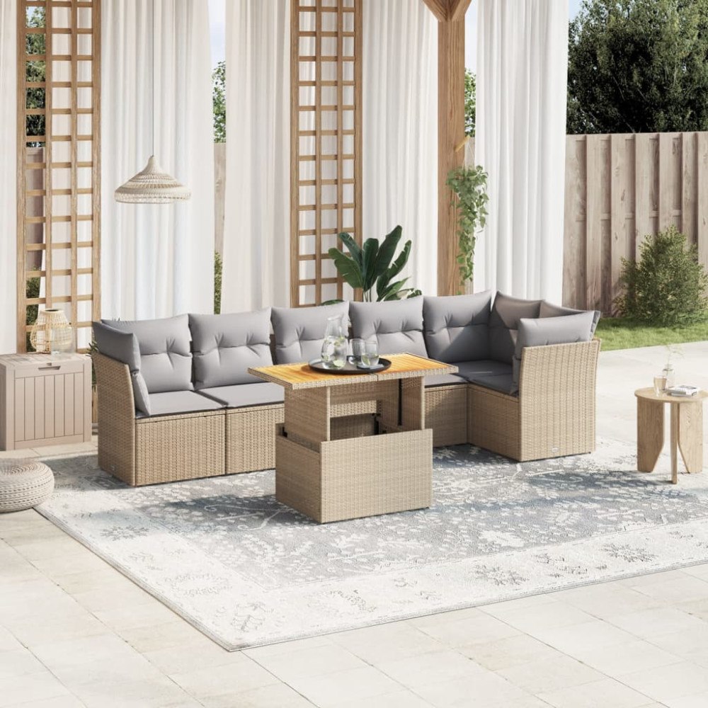 vidaXL Matgrupp för trädgården med dynor 7 delar beige konstrotting