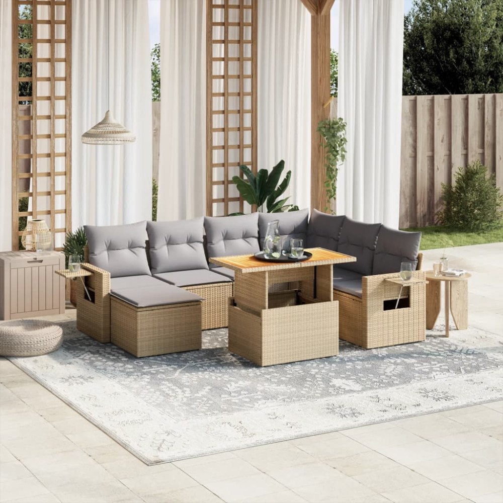vidaXL Matgrupp för trädgården med dynor 8 delar beige konstrotting