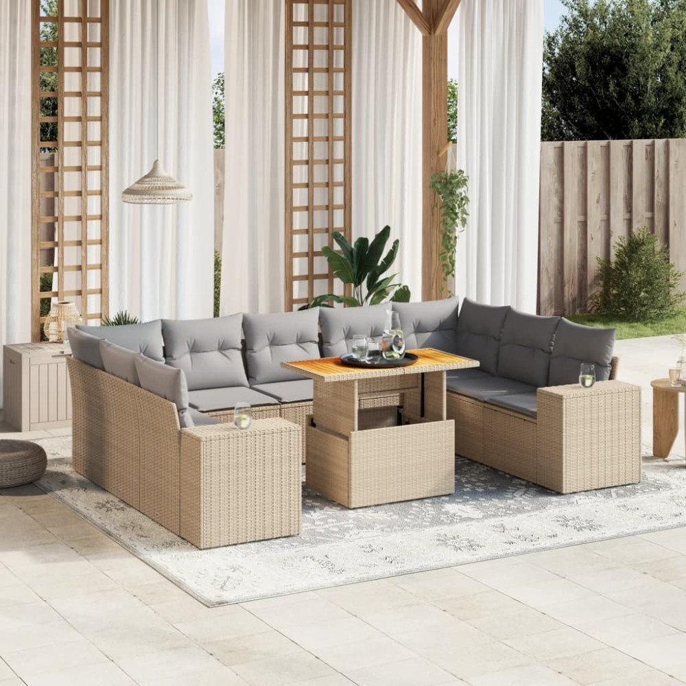vidaXL Soffgrupp för trädgård med dynor 10 delar beige konstrotting