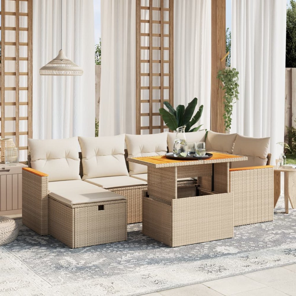 vidaXL Matgrupp för trädgården med dynor 7 delar beige konstrotting