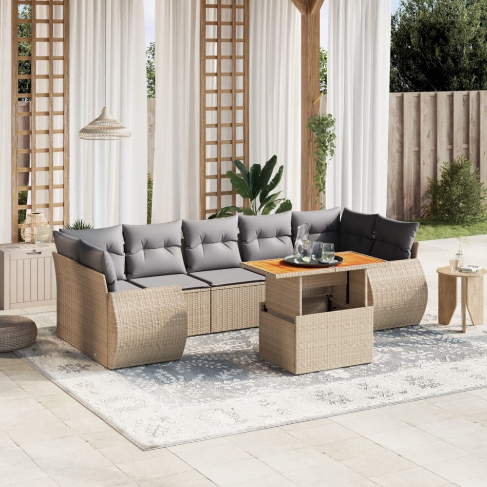 vidaXL Matgrupp för trädgården med dynor 8 delar beige konstrotting
