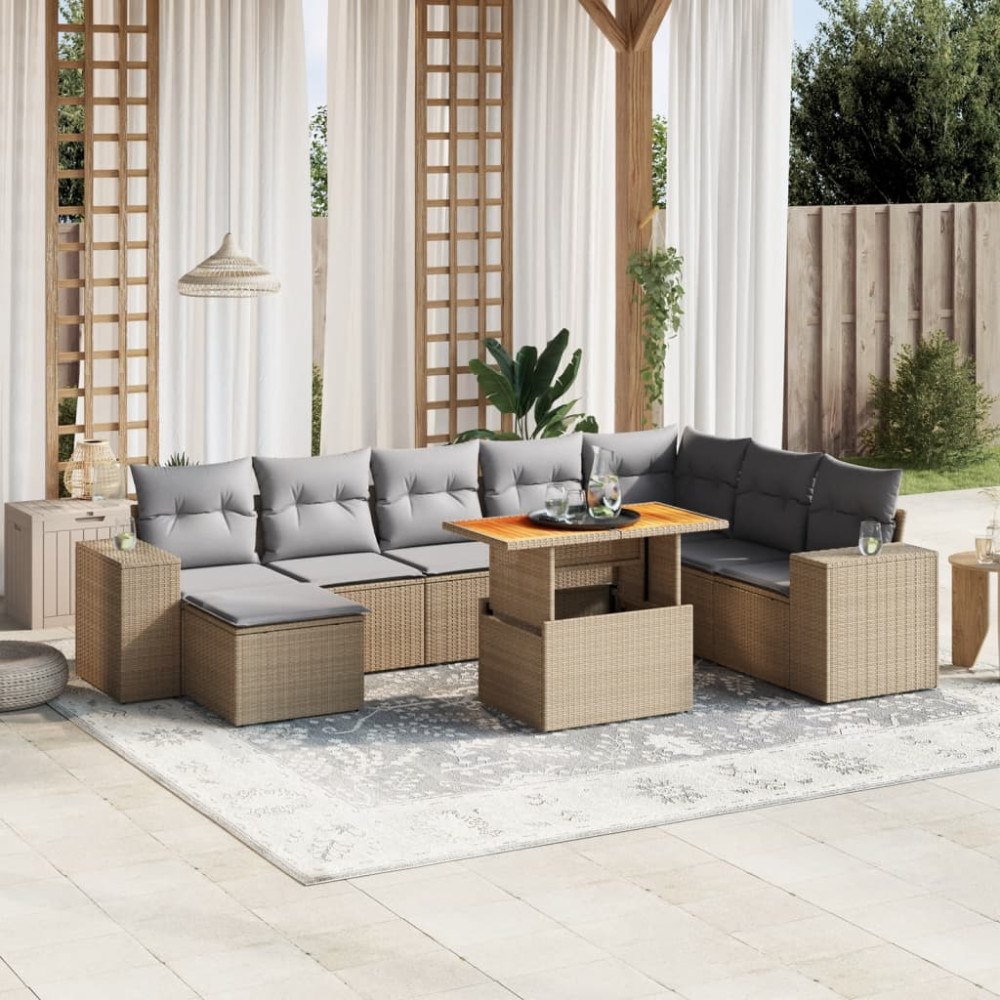 vidaXL Soffgrupp för trädgården med dynor 9 delar beige konstrotting