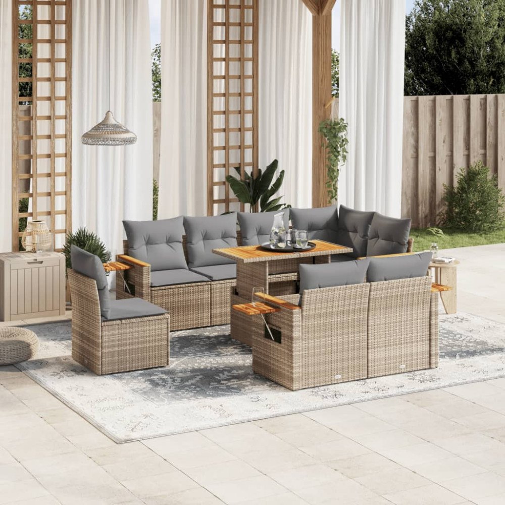 vidaXL Soffgrupp för trädgården med dynor 9 delar beige konstrotting