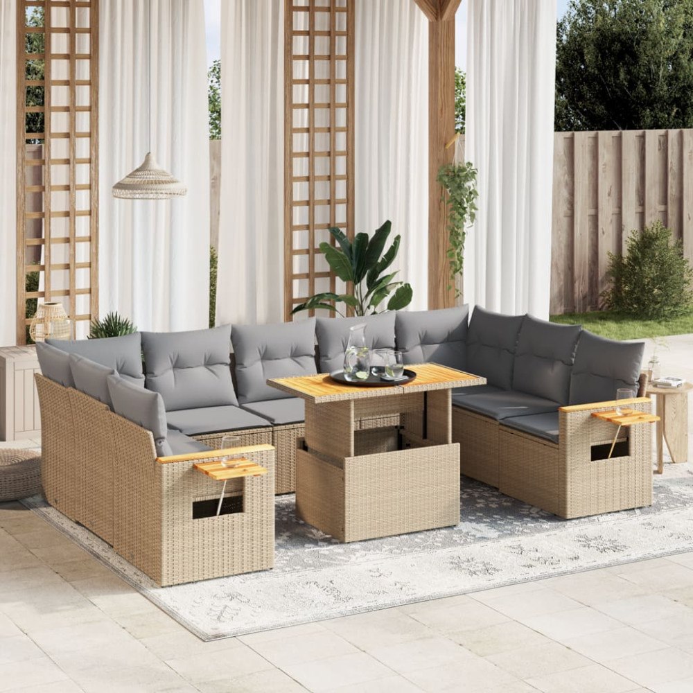 vidaXL Soffgrupp för trädgård med dynor 10 delar beige konstrotting