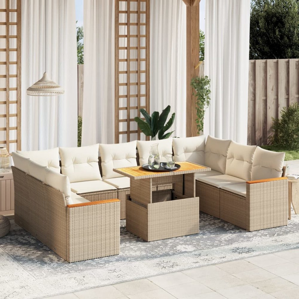 vidaXL Soffgrupp för trädgård med dynor 10 delar beige konstrotting