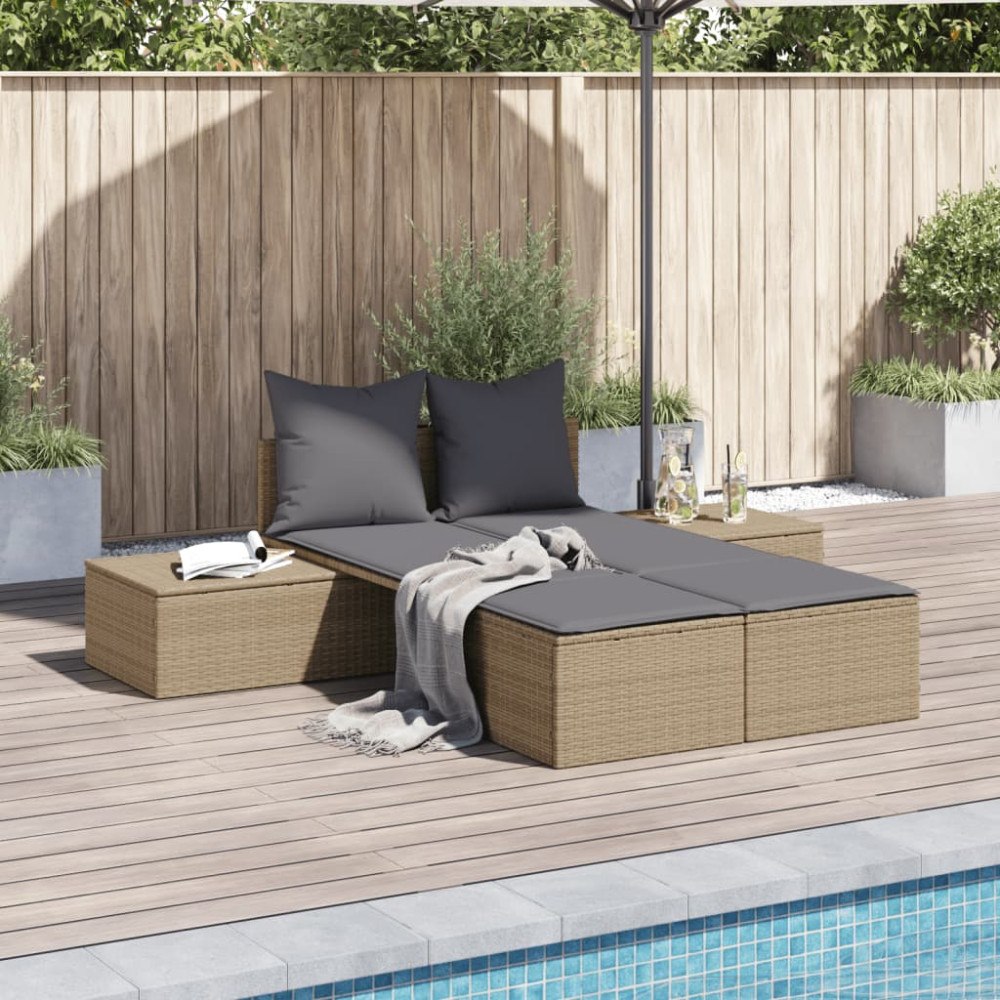 vidaXL Dubbel solsäng med dynor beige konstrotting