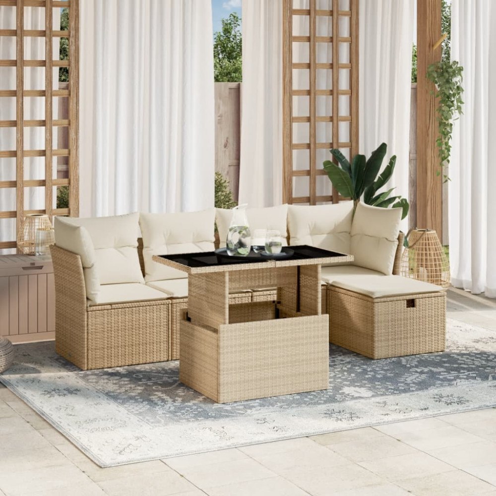 vidaXL Soffgrupp för trädgården med dynor 6 delar beige konstrotting