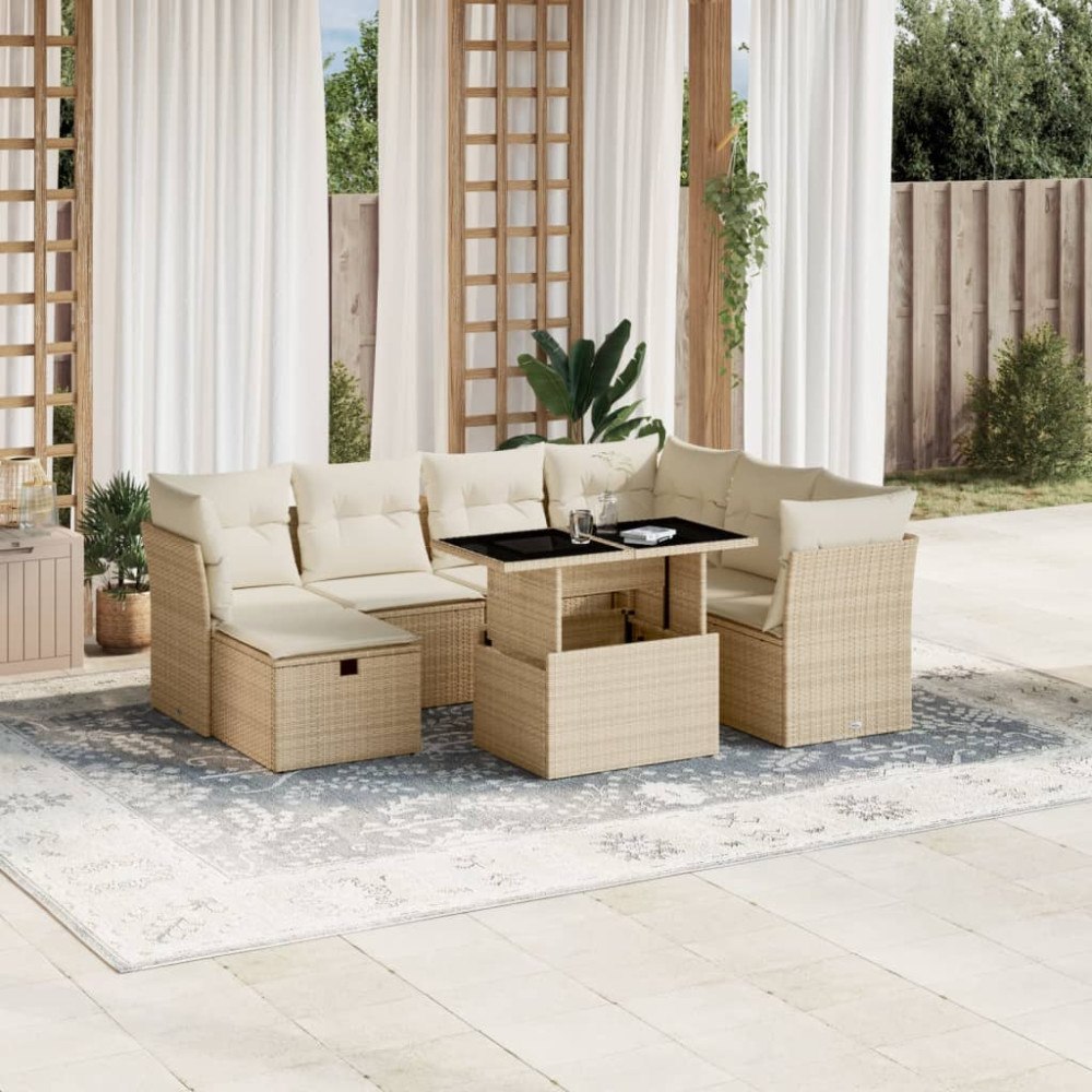 vidaXL Matgrupp för trädgården med dynor 8 delar beige konstrotting