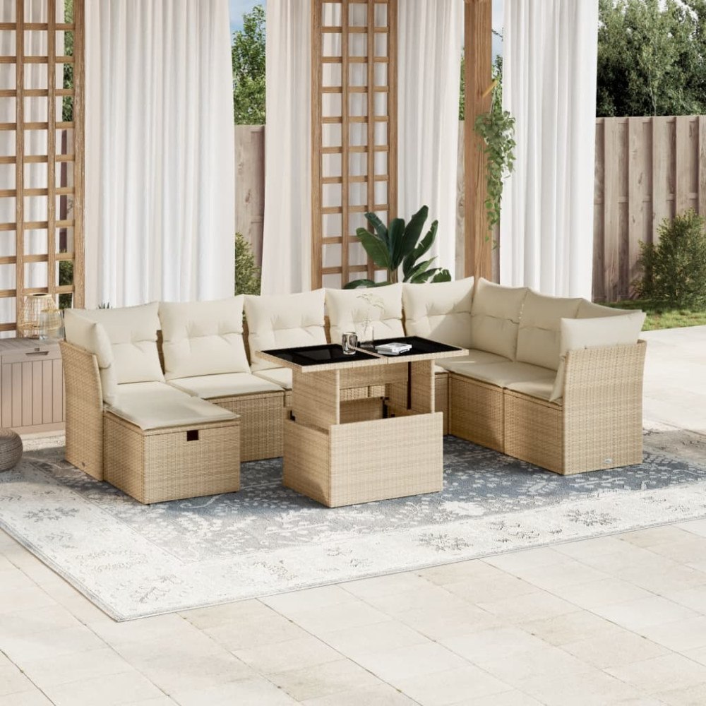 vidaXL Soffgrupp för trädgården med dynor 9 delar beige konstrotting