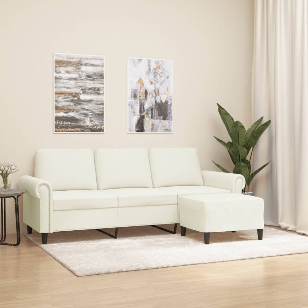vidaXL 3-sitssoffa med fotpall gräddvit 180 cm sammet
