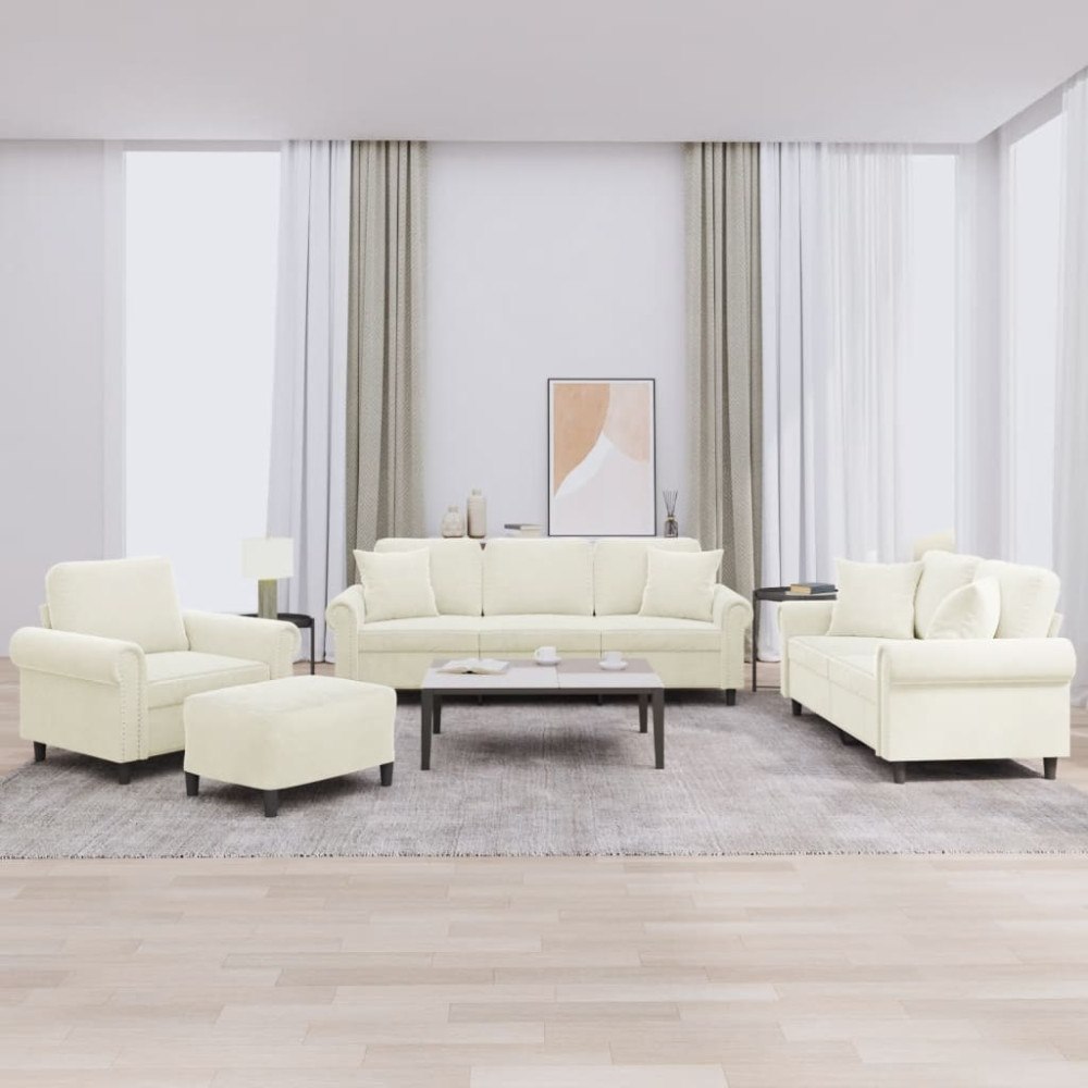 vidaXL Soffgrupp med kuddar 4 delar gräddvit sammet