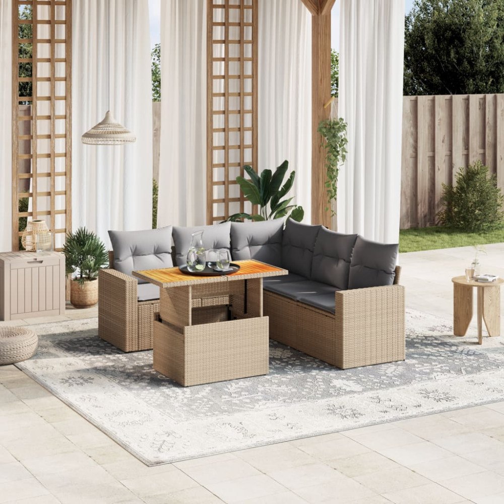 vidaXL Soffgrupp för trädgården med dynor 6 delar beige konstrotting