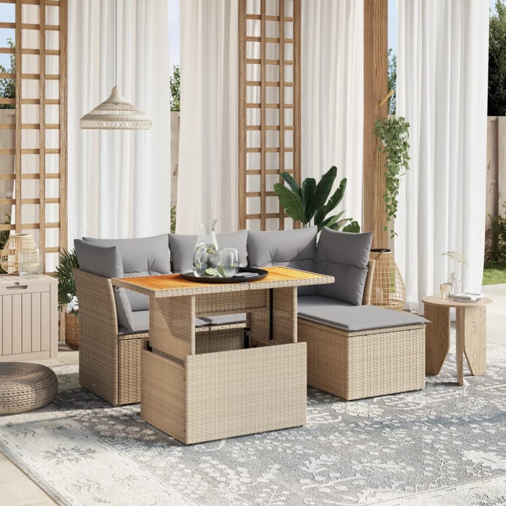 vidaXL Soffgrupp för trädgården med dynor 6 delar beige konstrotting