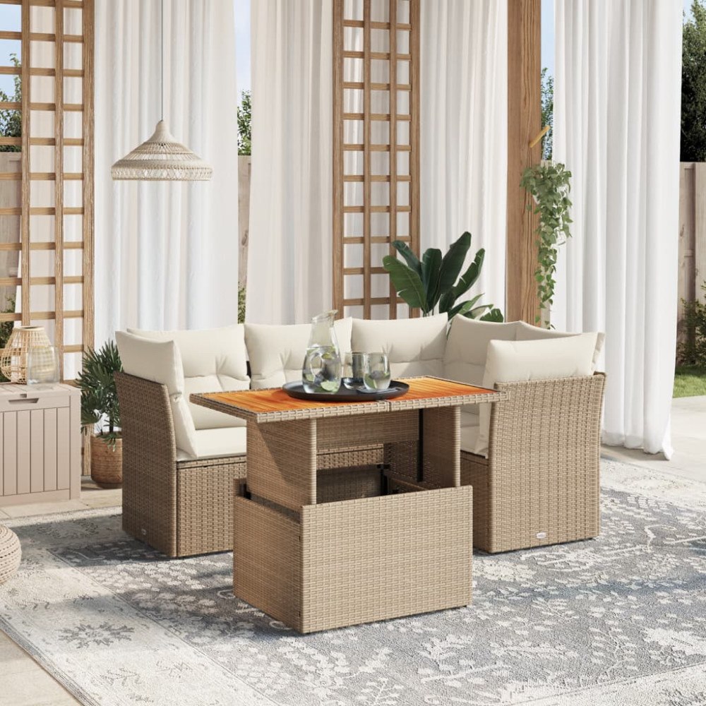 vidaXL Soffgrupp för trädgården med dynor 5 delar beige konstrotting