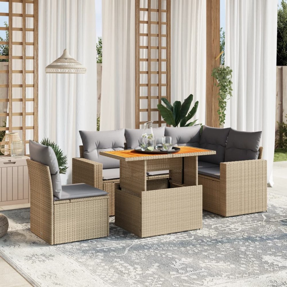 vidaXL Soffgrupp för trädgården med dynor 6 delar beige konstrotting